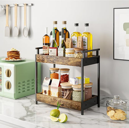 KLM Countertop Coffee Station Organizer, 2 Tier Wooden Shelf - Image 2