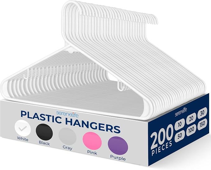SereneLife White Plastic Hangers 200 Pcs, Durable Hanger Set by SereneLife