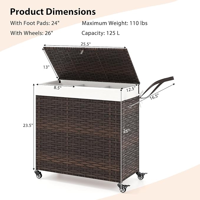 Giantex Laundry Hamper w/Wheels, 3 Section Hamper 125L w/2 Removable Liner Bags - Image 9