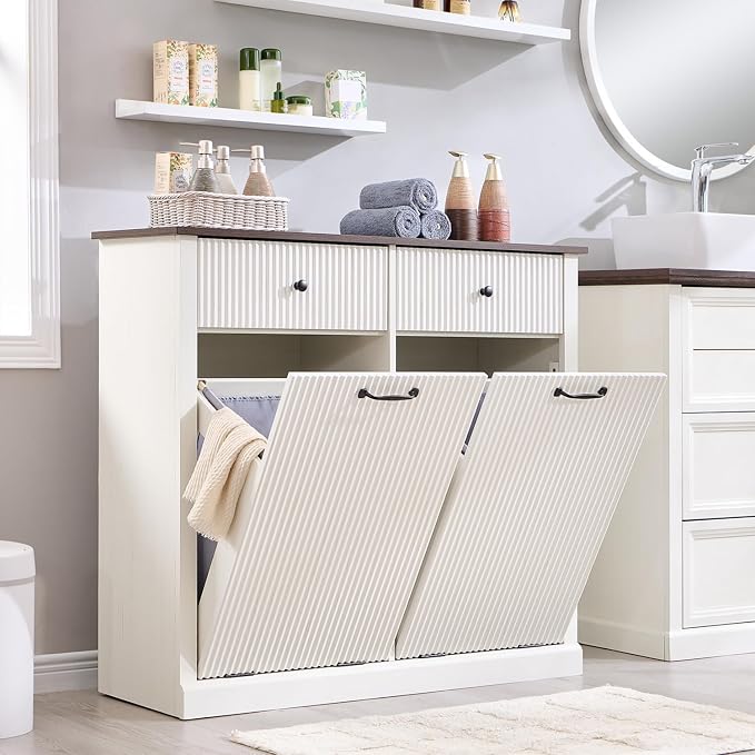 Modern Double Tilt-Out Laundry Hamper Cabinet, 20 Gallon Fluted Trash Can by IFBUYFarmhouseFurniture