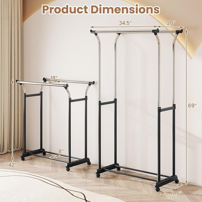 COSTWAY Double Rod Clothing Rack, Rolling Garment Rack - Image 6
