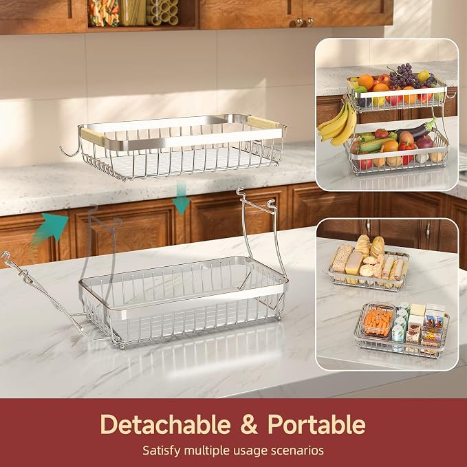 2-Tier Fruit Basket with Banana Hangers, Detachable Metal Bowl | Wooden handle - Image 3
