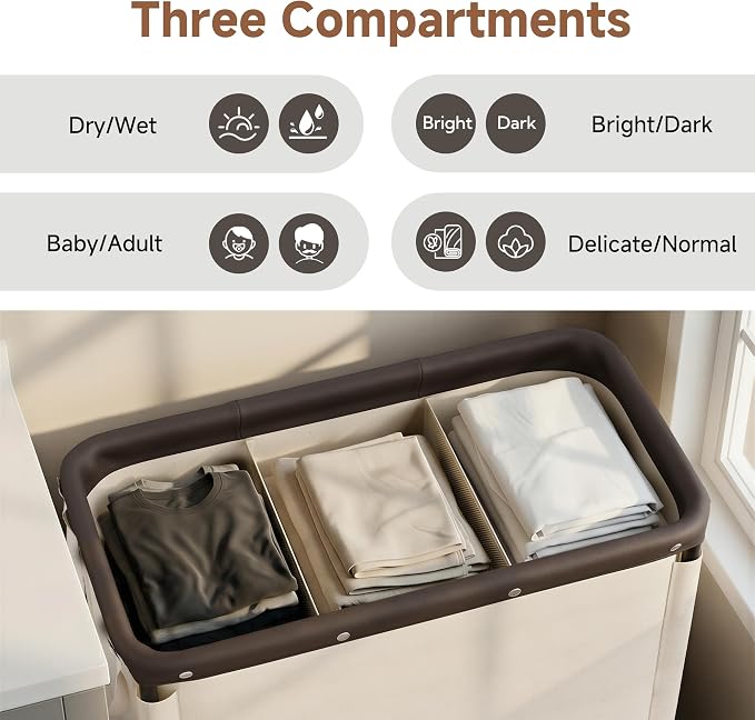 StorageWorks 3 Section Laundry Hamper, Rolling Laundry Cart - Image 2