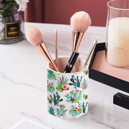 Pen Holder, Makeup Brush Holder Ceramic Shiny Gold Tropical Cactus Floral - Image 4