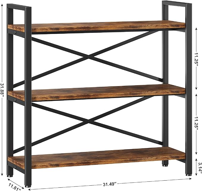 3 Tier Bookshelf 31.49" Width, Wood and Metal Etagere Bookcase, Vintage - Image 3