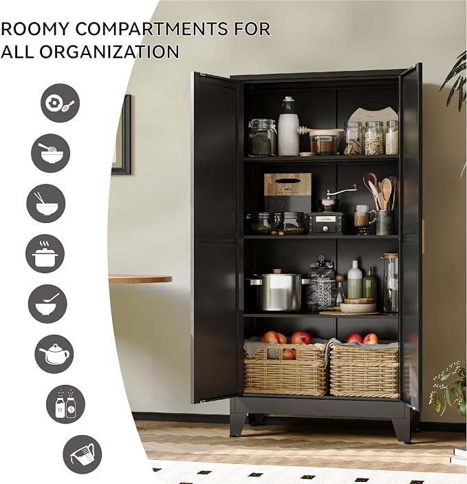 COFaR 61" Metal Pantry Cabinet in Black, Modern Storage Cabinet - Image 6