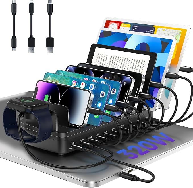 320W Charging Station for Multiple Devices, 10 Ports Fast Multi-Device Charger by MERGROLY