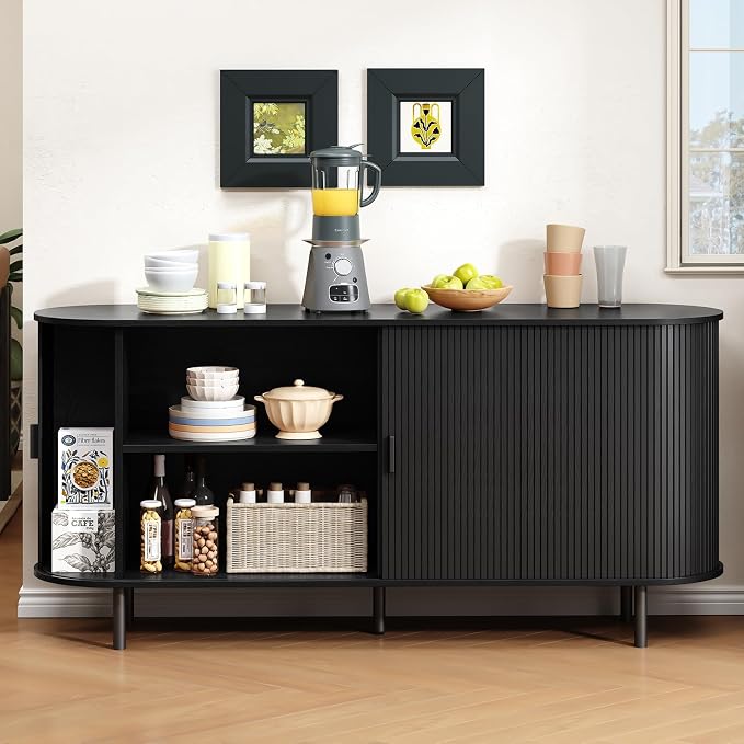 Buffet Cabinet with Storage, Fluted Sideboard Buffet with Sliding Door - Image 4