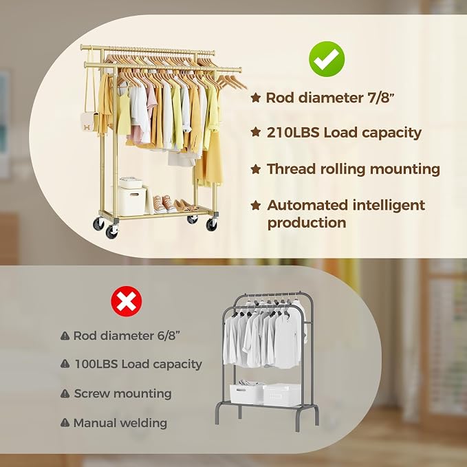HYSEYY Double Rods Clothes Rack, Sturdy Rolling Clothing Rack, Portable - Image 6