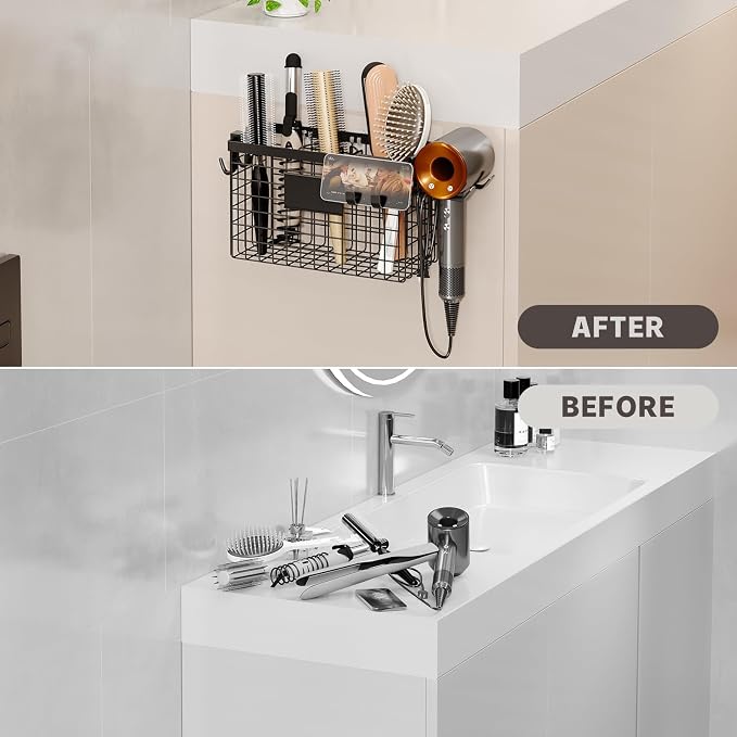 Hair Dryer Holder Cabinet Door 3-in-1 Adhesive Hair Tool Organizer Wall Mounted - Image 7