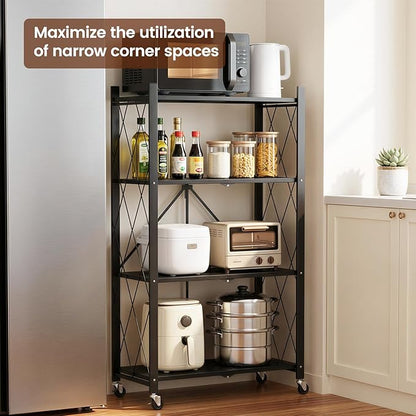 ALANNG 4 Tier Folding Storage Shelf on Wheels, Heavy Duty Metal Rolling Cart | - Image 3