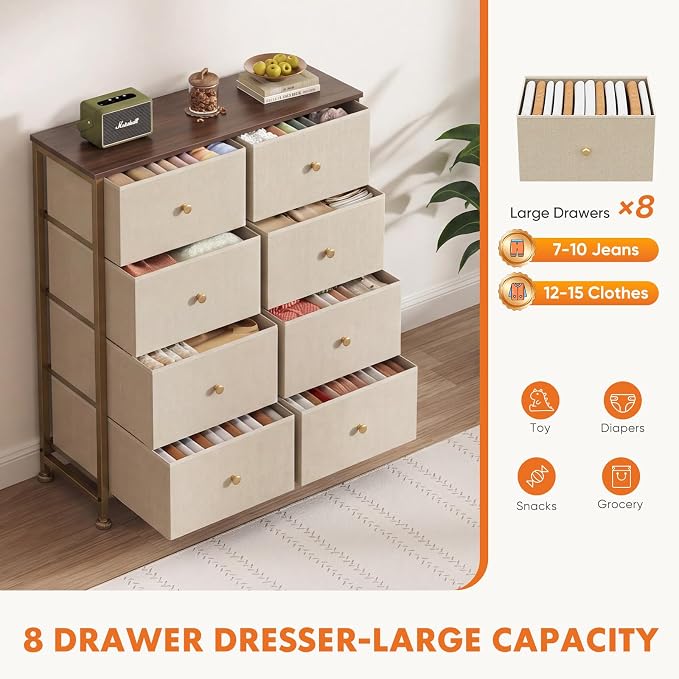 Sweetcrispy 8 Drawer Dresser for Bedroom, Organizer Storage Drawers, Khaki | - Image 5
