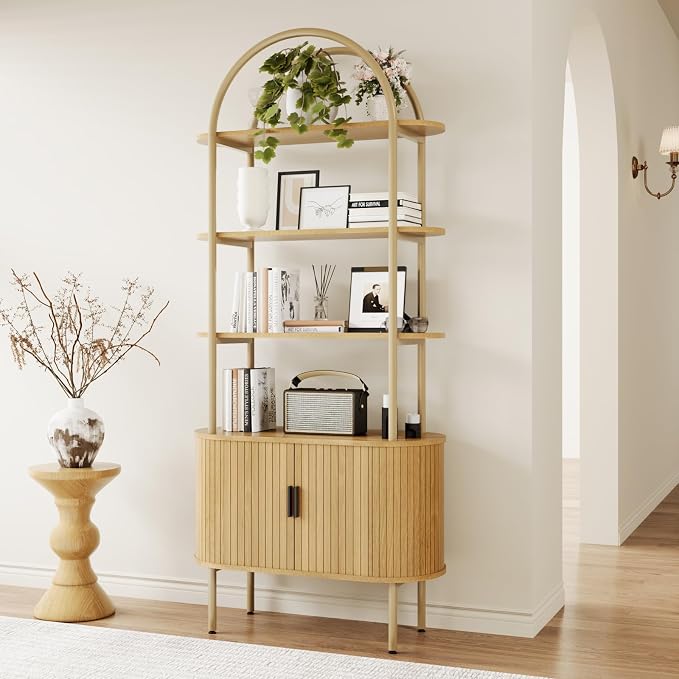 BREEZEHEAT Fluted Arched Bookshelf, 4-Tier Open Display Storage Shelf, and by BREEZEHEAT