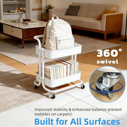 2 Tier Cart with Wheels Under Desk Storage with Handle, Metal Rolling Pantry - Image 6