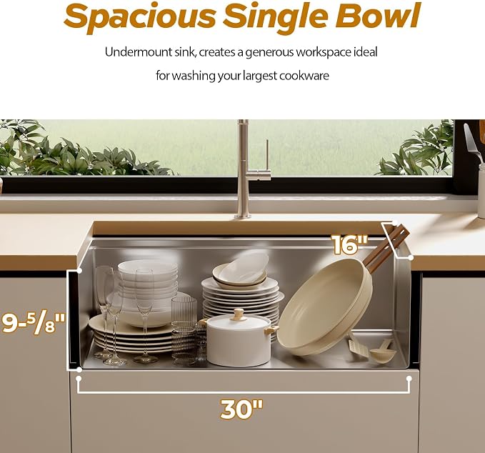 32 Inch Undermount Kitchen Sink, TECASA 18-gauge Stainless Steel Single Bowl - Image 4