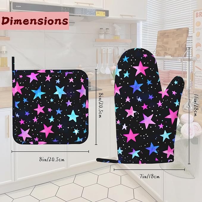 Blue Pink Stars Heat-Resistant Silicone Oven Mitts and Pot Holder 4 Piece Set - Image 2