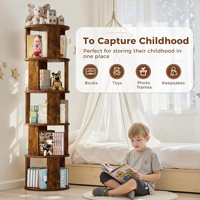 5 Tier Rotating Bookshelf Tower, 360° Display Round Bookcase, Floor Standing - Image 6