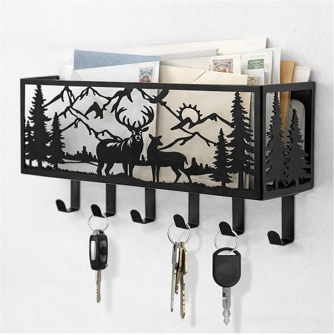 Deer Metal Wall Mail Organizer Wall Mounted Key and Mail Holder Mail Basket by SIFZYJGN