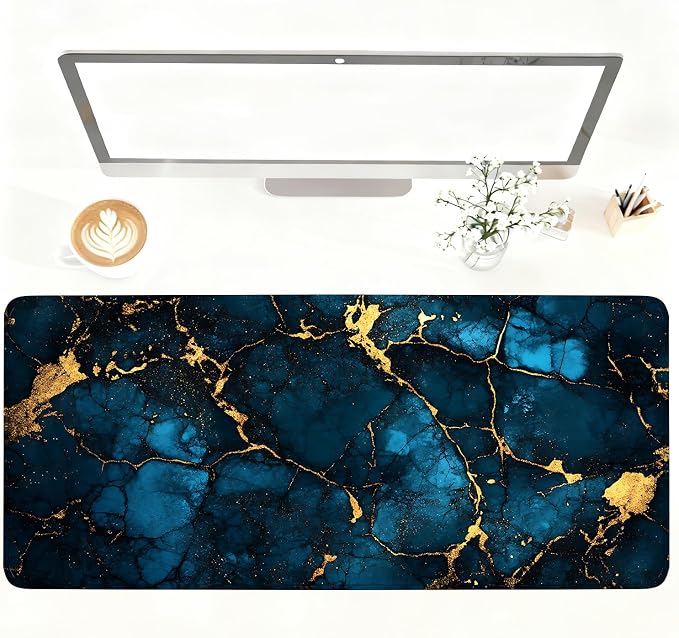 Blue Marble Gold Vein Mouse Pad – Large Extended Desk Mat 35.43 x 15.75 in – by LEIWEIHOPE