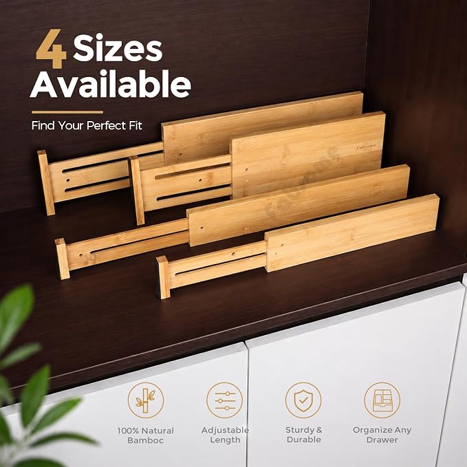 Fabsome Drawer Divider 6 Pack, Bamboo Kitchen Dividers Organizers Adjustable - Image 8