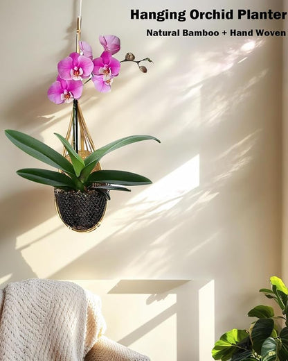 Hanging Orchids Pot: 4 Inch Handmade Bamboo Wall Plant Planter - Image 2