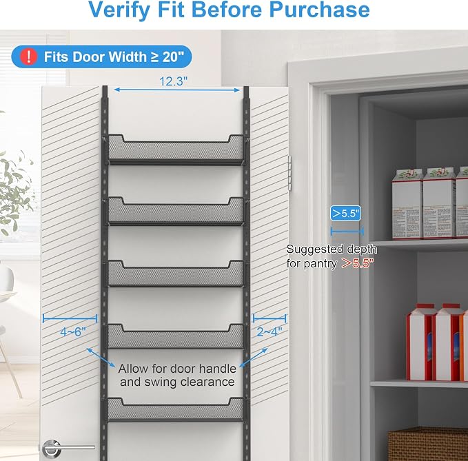 12.3" W Narrow Over the Door Pantry Organizer, 6-Tier Over the Door Organizer - Image 4