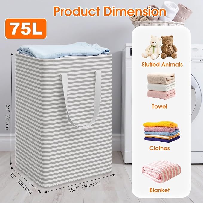 3 Pack Laundry Basket 75L Each, Waterproof & Freestanding Large Laundry Hamper - Image 2