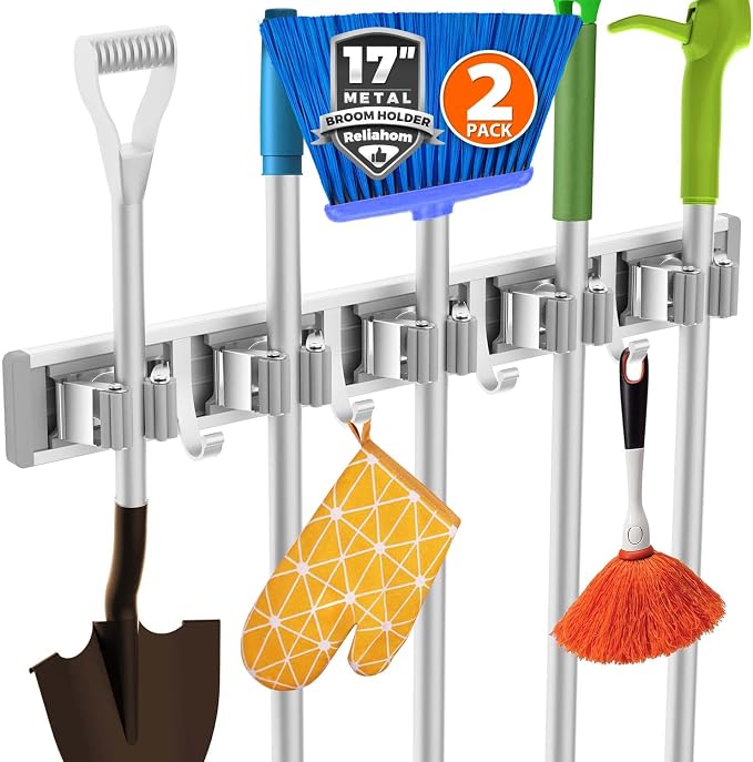 reliahom Broom Holder Wall Mount Mop Hanger Tools organizer 5Racks4Hooks by reliahom