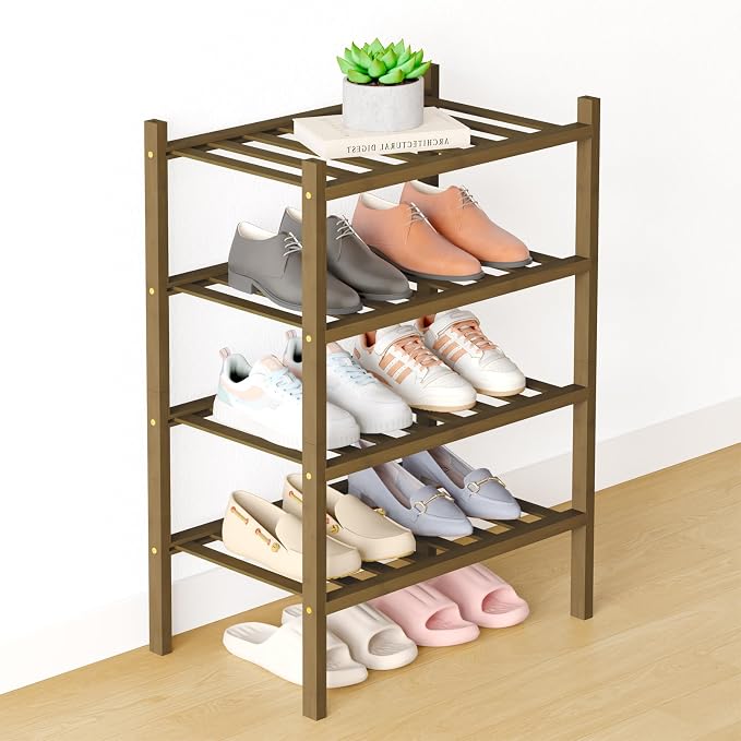 Smiry Bamboo Shoe Rack for Closet, 4 Tier Small Wooden Stackable Shoe Organizer by Smiry