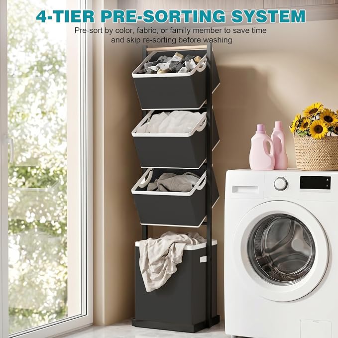 4-Tier Laundry Hamper Sorter, Vertical Laundry Sorter - Image 4