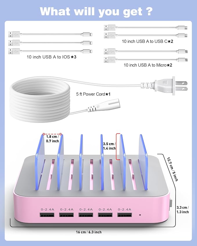 MSTJRY Charging Station for Multiple Devices : 5 Port Multi USB-A Charger - Image 7