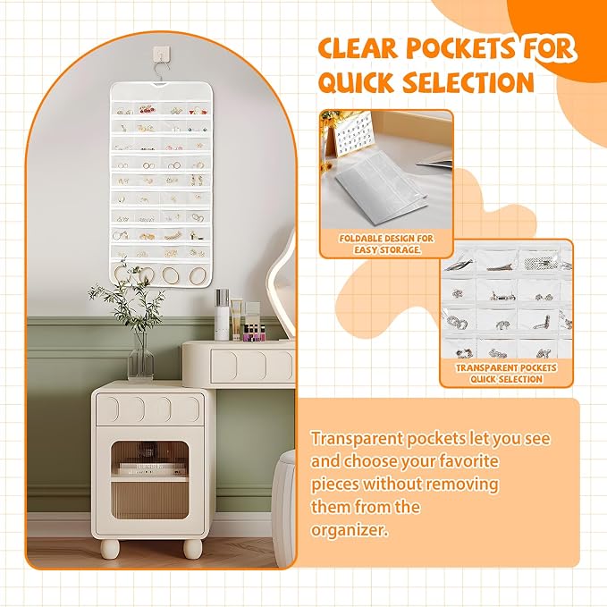 80 Pockets Hanging Jewelry Organizer, Double-Sided White Closet Jewelry Holder - Image 6