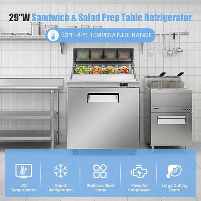 29" W Commercial Refrigerator Sandwich Salad Prep Table, Stainless Steel 1-Door - Image 7