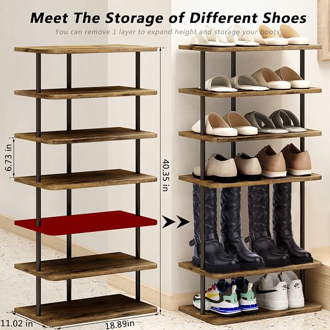 AZERPIAN Shoe Rack Storage Vertical Narrow Shoe Organizer Shelf 7 Tier | Metal - Image 3