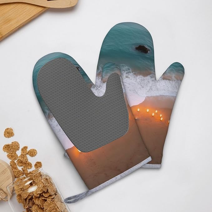 Romantic Beach Print Oven Mitts Set of 2, Heat Resistant Silicone Oven Mittens - Image 9