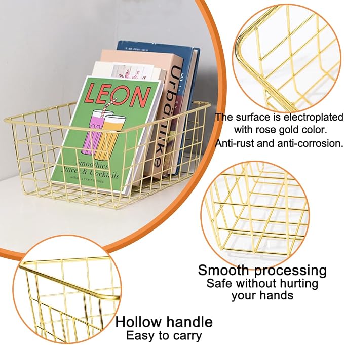 4 Pack Gold Wire Baskets for Organizing Office Wire Storage Basket Gold Metal - Image 3