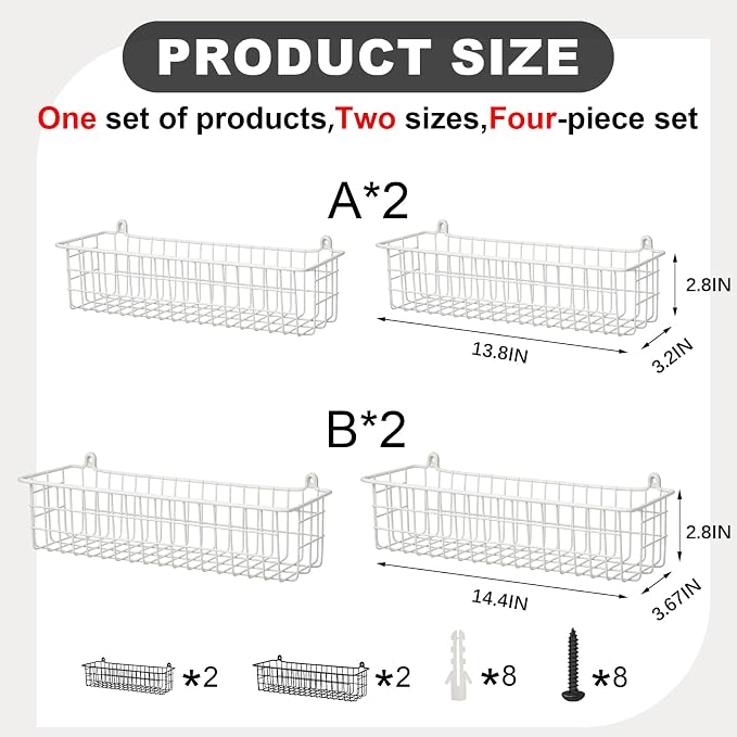 Spice Rack Organizer Wall Mount, 4 Pack White Storage Basket - Image 3