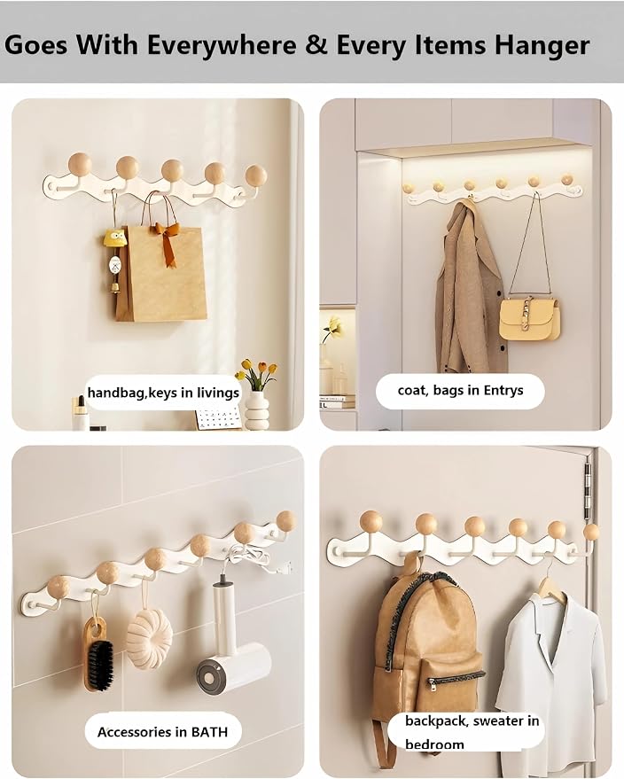 Coat Rack Wall Mount, Anti-Tear Wooden Ball Hook Rail, Heavy Duty Metal Coat - Image 6
