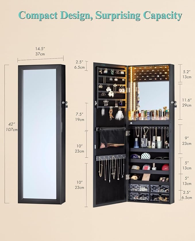 LUXFURNI 79 LED Lights Mirror Jewelry Cabinet, Wall Mounted/Door-Hanging Mirror - Image 7
