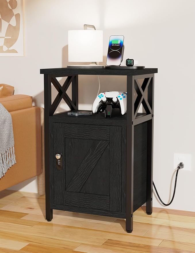 runjuly Wooden Nightstand with Lock Cabinet and Charging Station, Lockable - Image 8