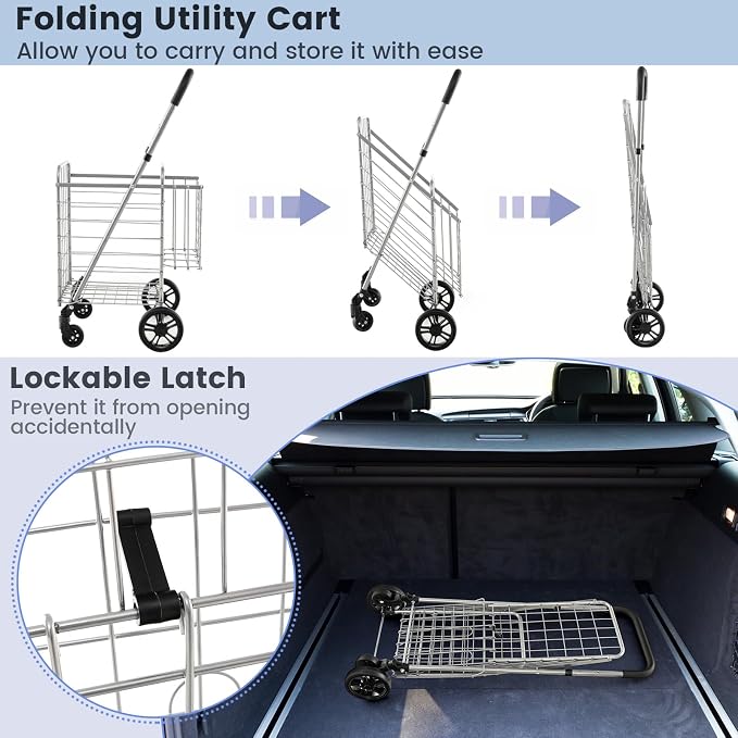 Goplus Folding Shopping Utility Cart, Double Basket and 360° Swivel Wheels - Image 4