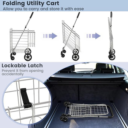 Goplus Folding Shopping Utility Cart, Double Basket and 360° Swivel Wheels - Image 4