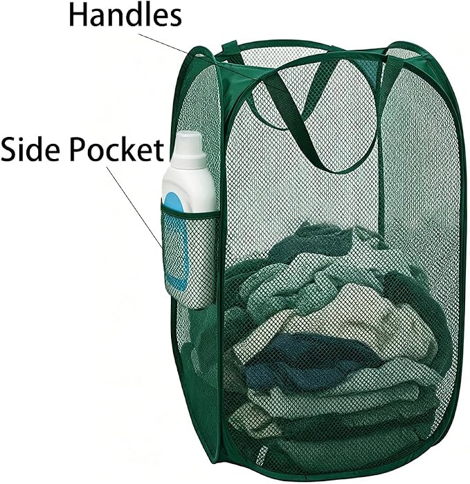 Larpur Pop Up Laundry Hamper Collapsible Mesh Clothes Basket, Dark Green | - Image 3