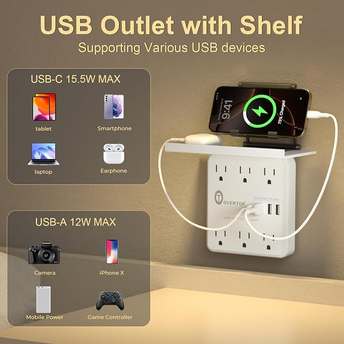 Overtop Power Charger with Shelf, Wall Outlet Extender Surge Protector with 6 - Image 6