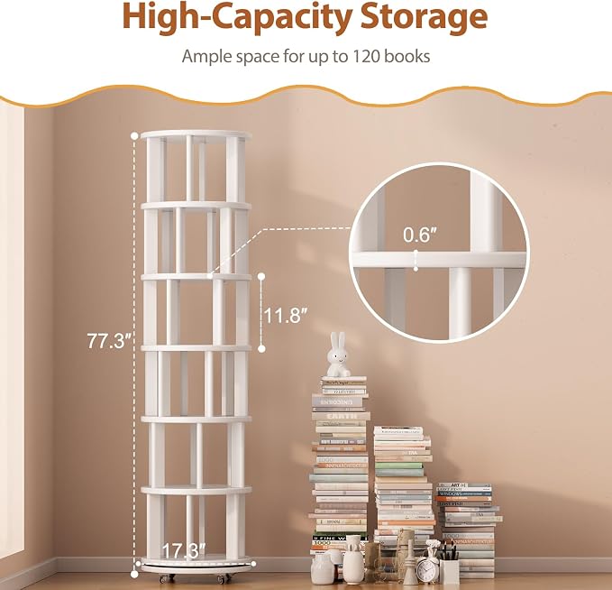 Solid Wood Rotating Bookshelf on Wheels, 6 Tier, Round Revolving Bookcase - Image 2