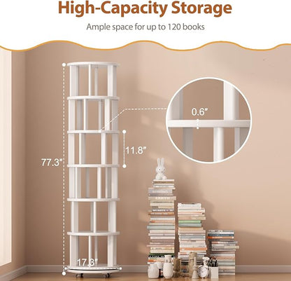 Solid Wood Rotating Bookshelf on Wheels, 6 Tier, Round Revolving Bookcase - Image 2