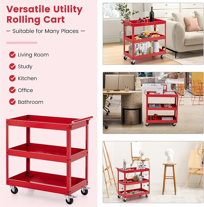 Goplus 3-Tier Utility Cart, Heavy Duty Commercial Service Tool Cart w/Lockable - Image 4