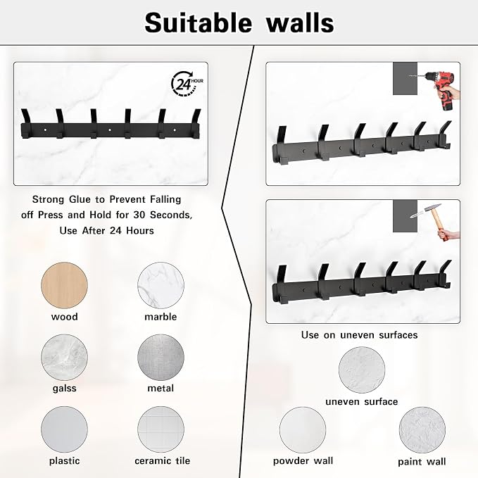 2 Pack Coat Rack Wall Mount, 17.3 in Wall Hooks - Image 5