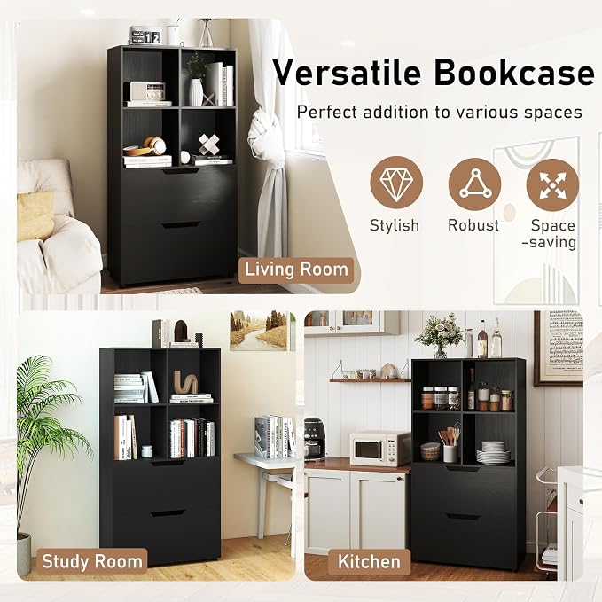 Giantex Bookshelf with 4 Cubes & 2 Drawers, 51” Tall Floor Bookcase with - Image 7