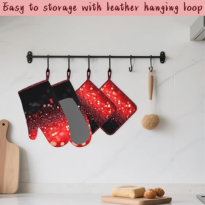 Red Gradient Sparkle Heat-Resistant Silicone Oven Mitts and Pot Holders - Image 5